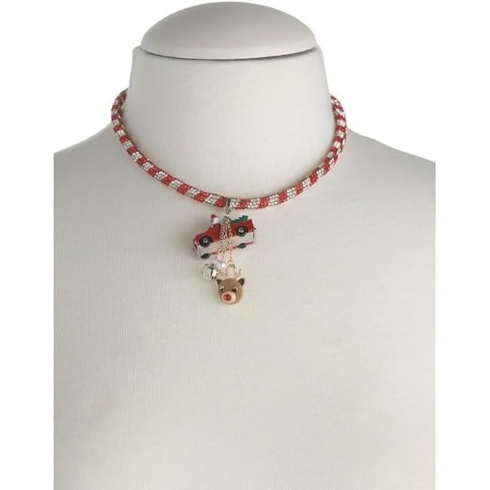 Betsey Johnson Holiday Christmas Santa Truck Striped Necklace Crystalized